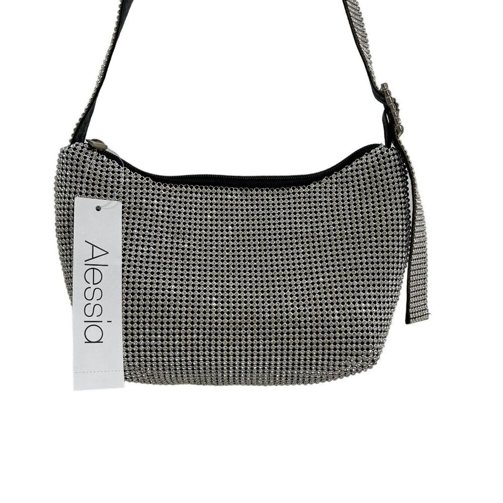 Alessia Rhinestone Mesh Silver Shoulder Bag Adjustable Strap & Zipper Closure